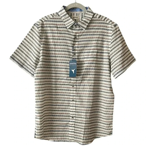 NATURAL BLUE Striped Shirt sz L Brown Blue & White LINEN/COTTON Short Sleeve NWT - Picture 1 of 10